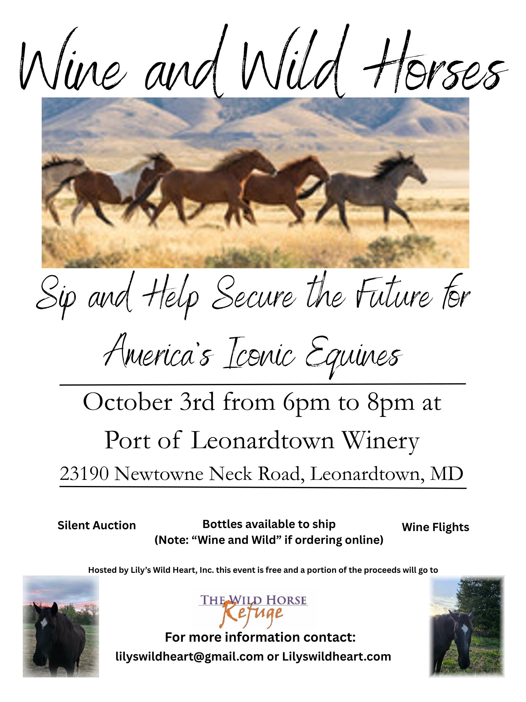 Wine and Wild Horses event flyer - October 3rd wine tasting and silent auction
